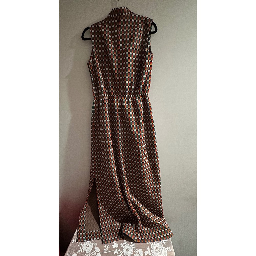 Vintage 70s Ayres Unlimited Sleeveless Mock Neck Maxi Dress Geometric Checkered